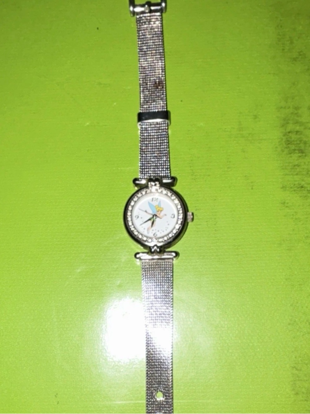 Disney Silver Tinker Bell Crystal Bezel Mesh Bracelet Watch